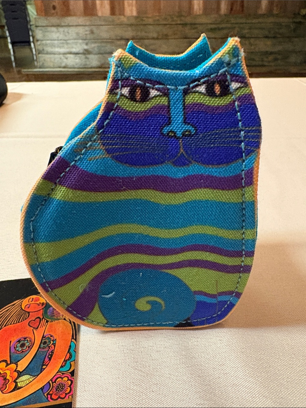 Laurel Burch Striped Cat Coin Purse/AirPod Case/Bag Charm - Blue, Purple, Green